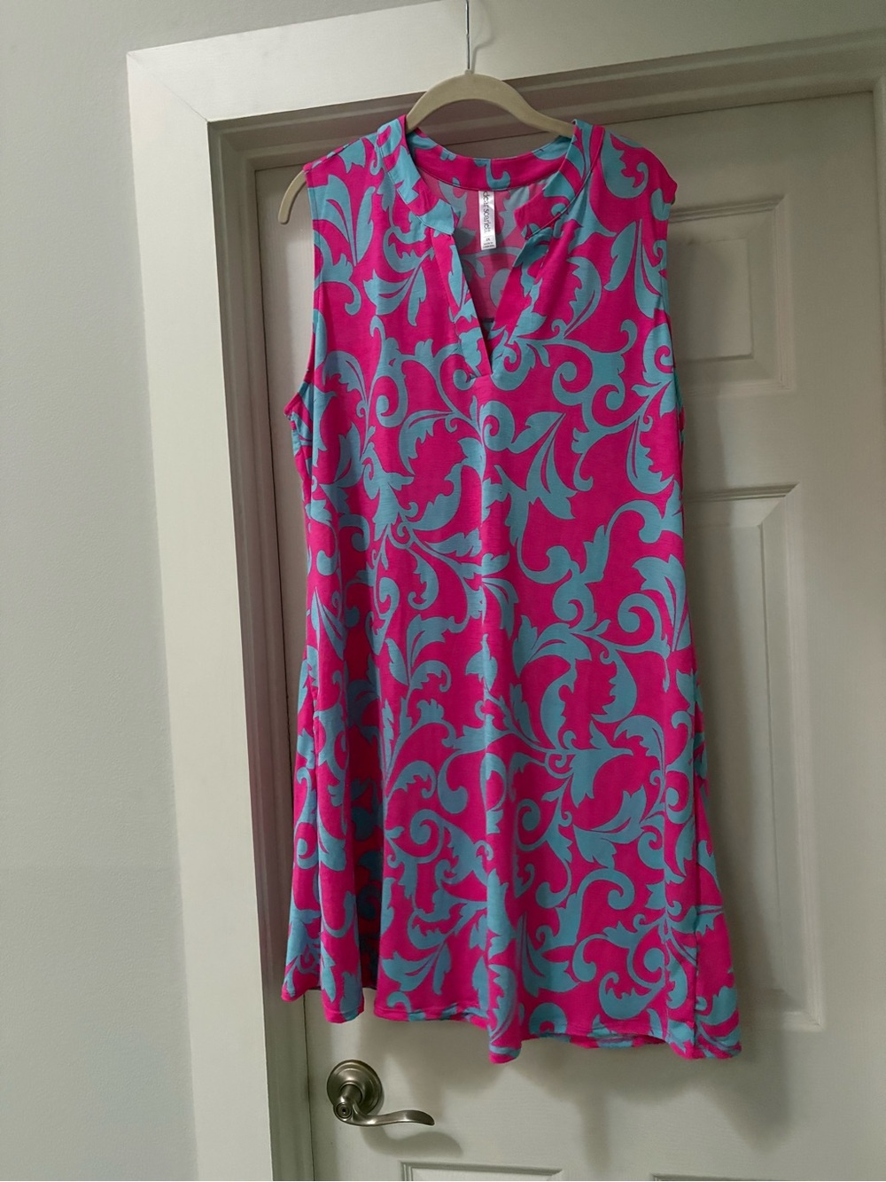 Sleeveless Pink Midi Dress with Blue Scroll Print